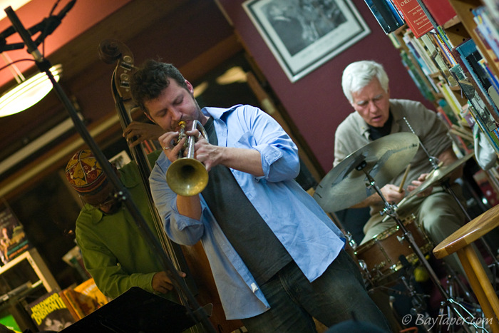Drummer Jimmy Ryan, with trumpeter Joel Ryan and bassist Bishu Chatterjee. Photo courtesy of Baytaper.com