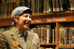 Amy Farah Weiss addresses the Bird & Beckett audience during her campaign to unseat Mayor Ed Lee in 2015